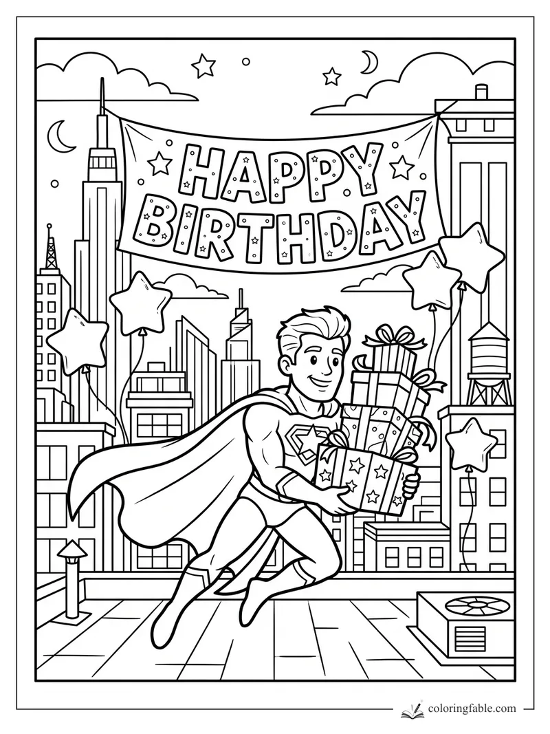 Cartoon superhero carrying birthday gifts beneath a Happy Birthday banner over a city skyline