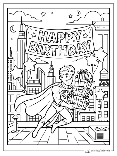 Cartoon superhero carrying birthday gifts beneath a Happy Birthday banner over a city skyline