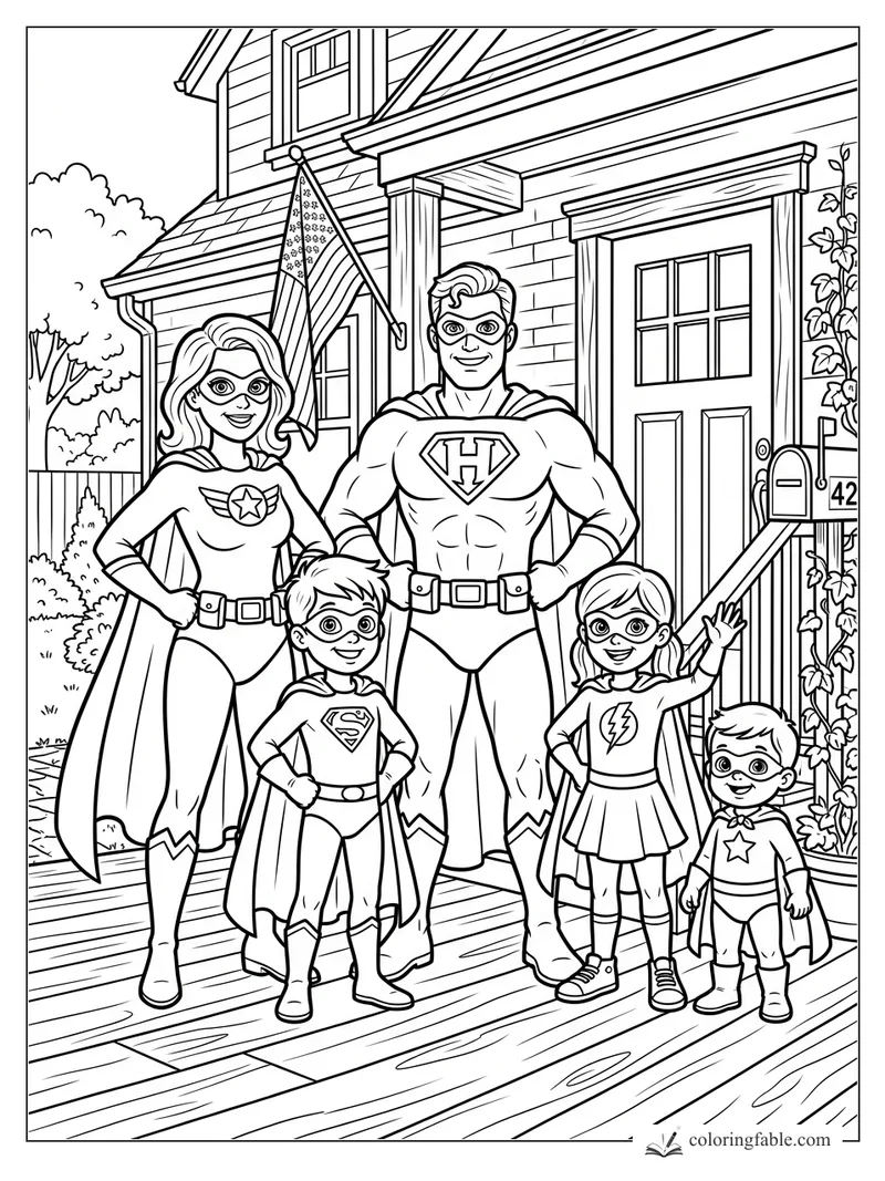 Superhero family posing on a porch with flag, mailbox 42, vines, and capes