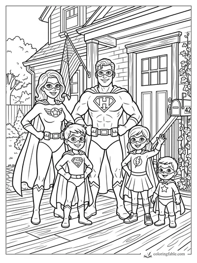 Superhero family posing on a porch with flag, mailbox 42, vines, and capes