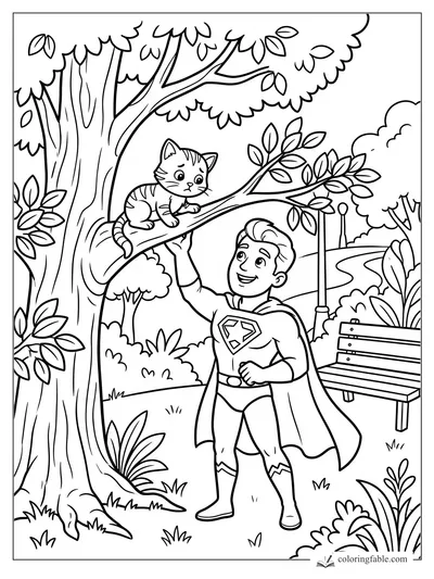 Cartoon superhero reaching up to rescue a worried striped kitten from a leafy park tree branch.