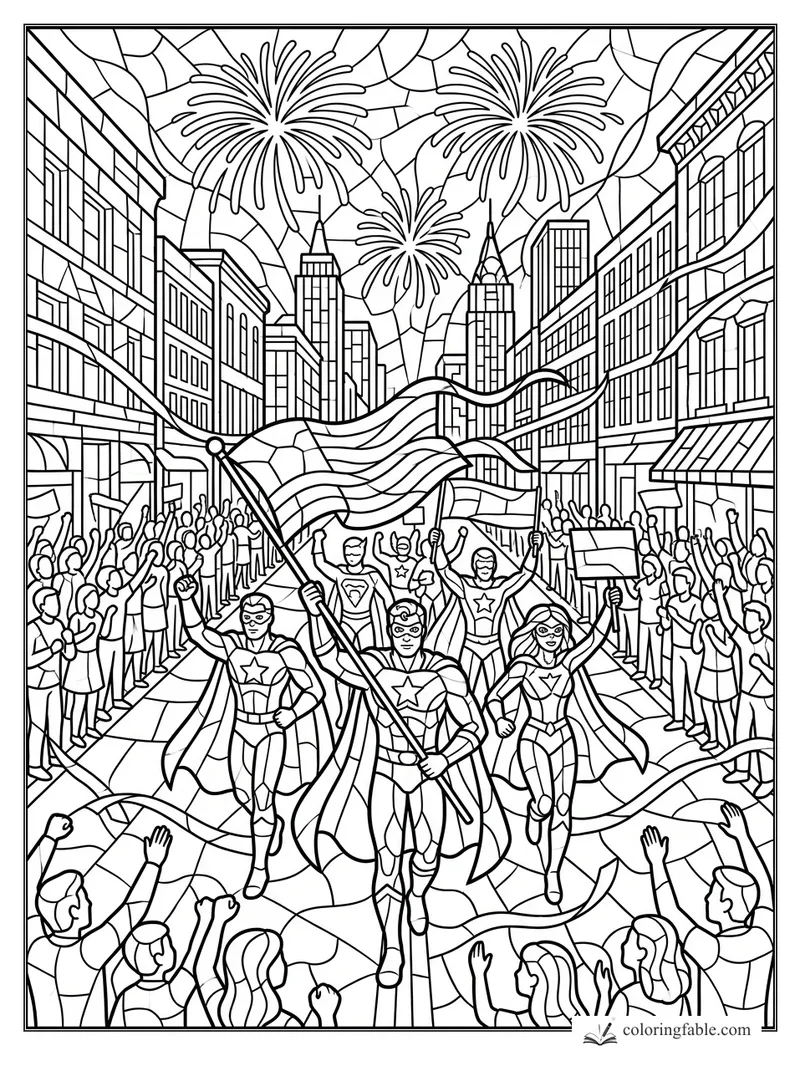 Stained-glass superhero parade with five caped heroes, a waving flag, cheering crowds, and fireworks downtown.