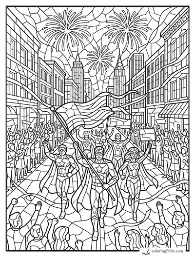 Stained-glass superhero parade with five caped heroes, a waving flag, cheering crowds, and fireworks downtown.