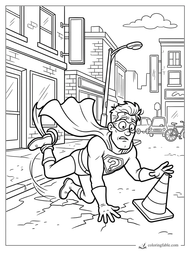 Cartoon superhero skids on a city sidewalk beside a traffic cone, storefronts, cars, bike, and streetlamp.