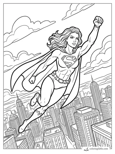 Female superhero flying over a city skyline with raised fist, flowing cape, S emblem, clouds, and skyscrapers.