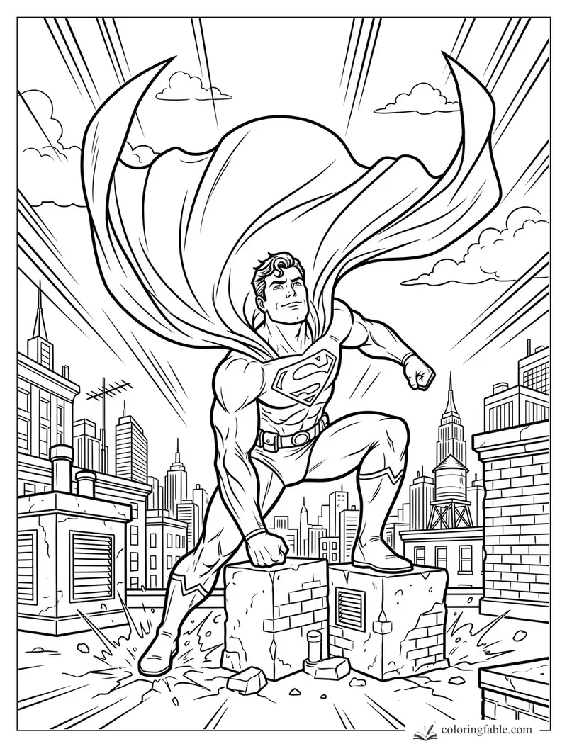 Superman crouches on a rooftop with cape billowing over a city skyline