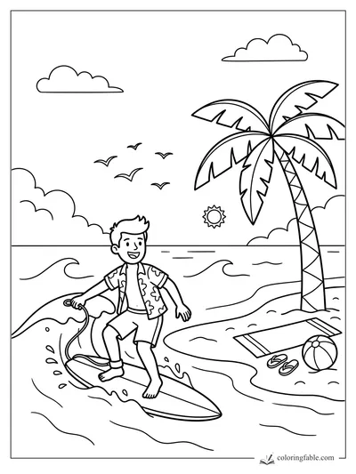 Cartoon boy surfing a small wave near a palm tree, beach towel, flip-flops, ball, birds, clouds, and sun.