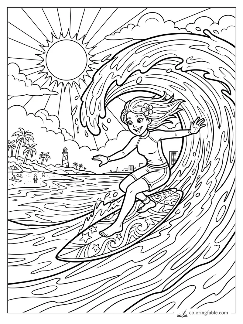 Cartoon surfer girl riding inside a curling wave with sun, clouds, palm trees, lighthouse, and city shore
