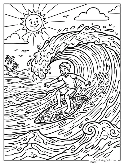 Cartoon boy surfing a huge curling ocean wave under a smiling sun, clouds, birds, and palm trees.