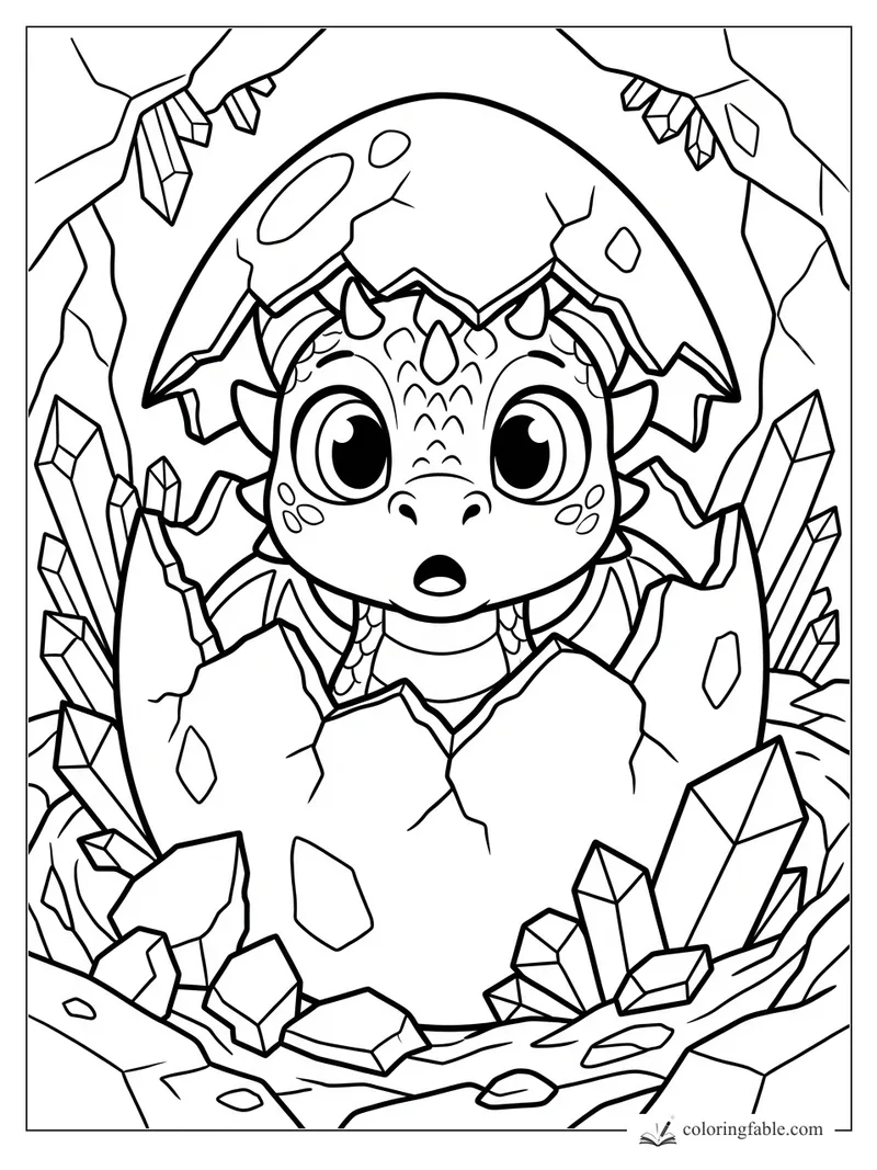 Baby dragon hatching from a cracked egg among cave crystals, with wide eyes and tiny horns.