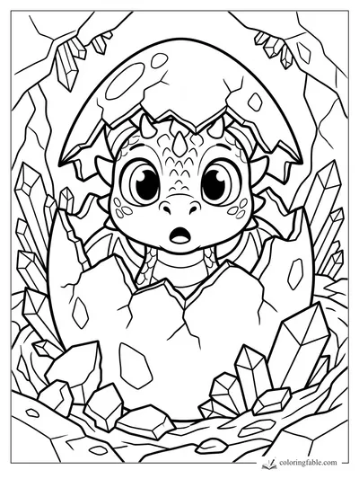Baby dragon hatching from a cracked egg among cave crystals, with wide eyes and tiny horns.