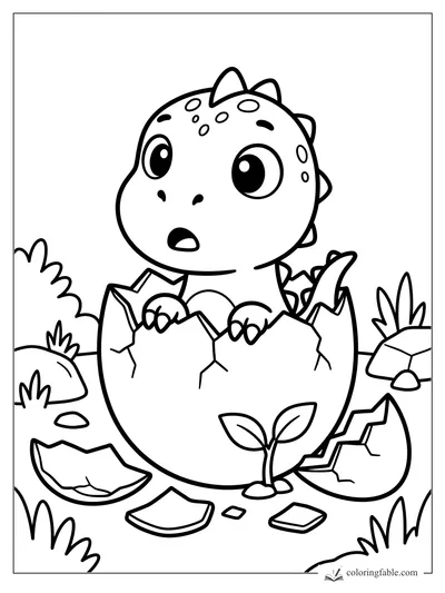 Kawaii baby T. rex peeking from a cracked egg with shell pieces, grass, rocks, and a tiny sprout.