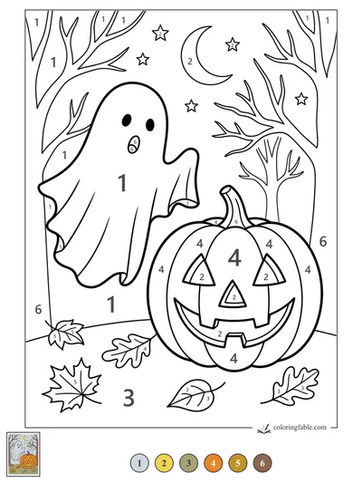 Surprised Ghost Beside a Jack-o'-Lantern — color by number