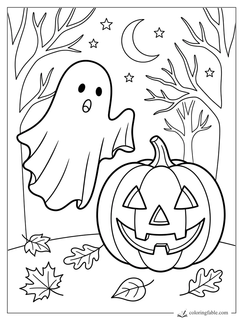 Easy ghost coloring page with a surprised ghost, jack-o'-lantern, bare trees, moon, stars, and fall leaves.
