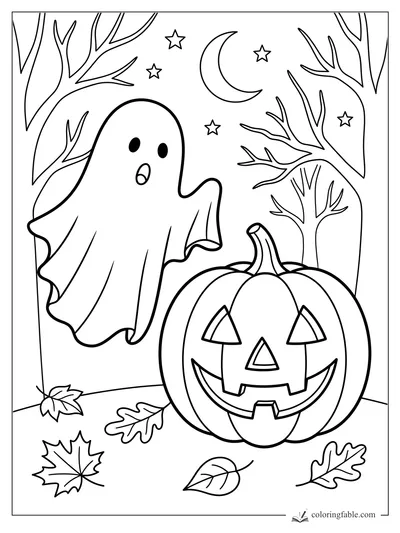 Easy ghost coloring page with a surprised ghost, jack-o'-lantern, bare trees, moon, stars, and fall leaves.