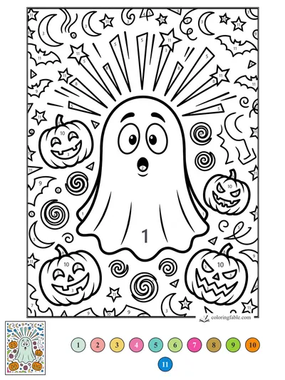 Surprised Ghost in a Pop-Art Halloween Burst — color by number
