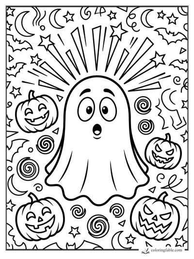 Pop-art ghost with surprised face, jack-o'-lanterns, bats, moons, stars, and spiral bursts