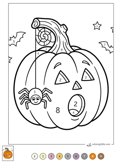 Surprised Jack-o’-Lantern with a Smiling Spider — color by number
