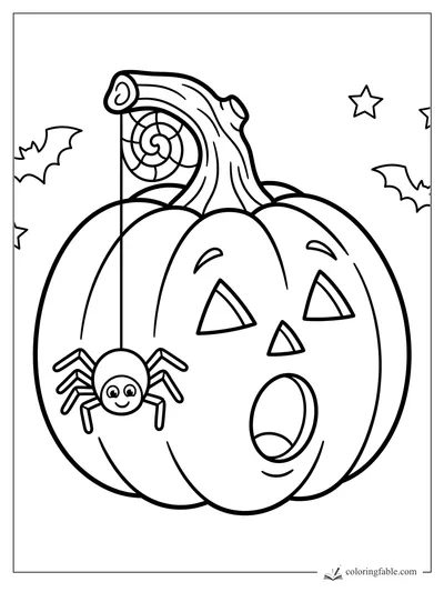 Cartoon jack-o'-lantern with surprised face, hanging spider, webbed stem, bats, and stars