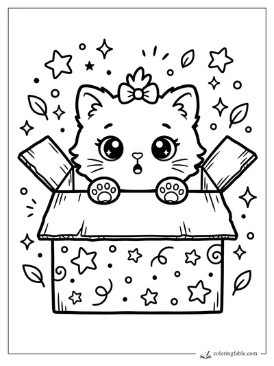 Kawaii kitten with bow peeking from a star-covered open gift box, surrounded by stars and leaves.