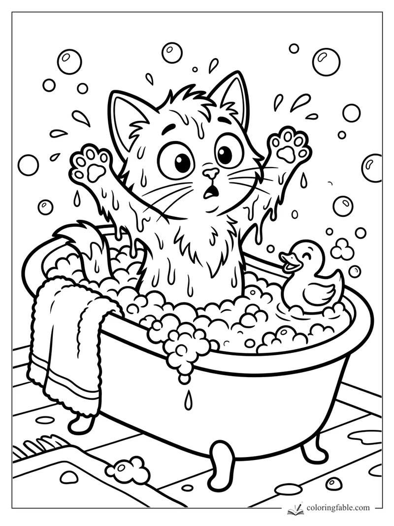 Cartoon kitten splashing in a bubble bath with a rubber duck, towel, and floating soap bubbles