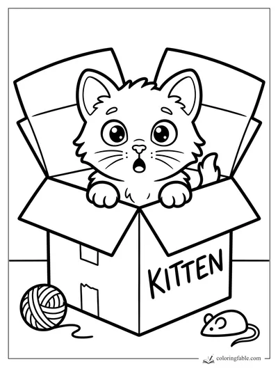 Wide-eyed kitten peeking from a cardboard box labeled KITTEN, with yarn ball and toy mouse.