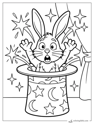 Cartoon rabbit popping from a starry magician hat with wand, sparkles, raised paws, and surprised face