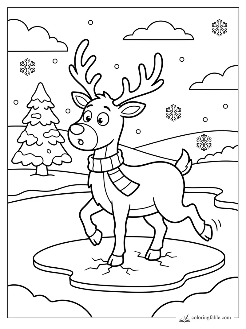 Cartoon reindeer in a striped scarf stepping on cracked ice with snowflakes, clouds, and a snowy pine tree.
