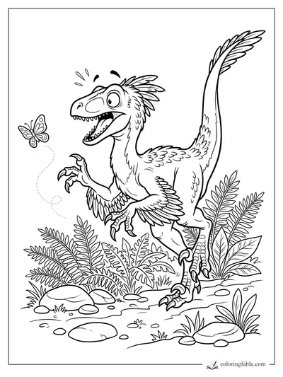Cartoon feathered velociraptor surprised by a butterfly among ferns and rocks