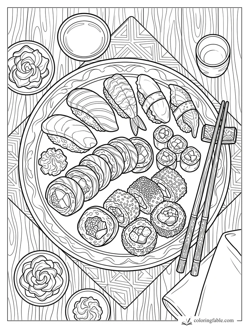 Realistic sushi platter with nigiri, maki rolls, chopsticks, ginger dishes, soy bowl, and wood grain table