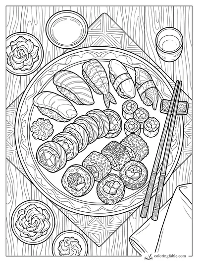 Realistic sushi platter with nigiri, maki rolls, chopsticks, ginger dishes, soy bowl, and wood grain table