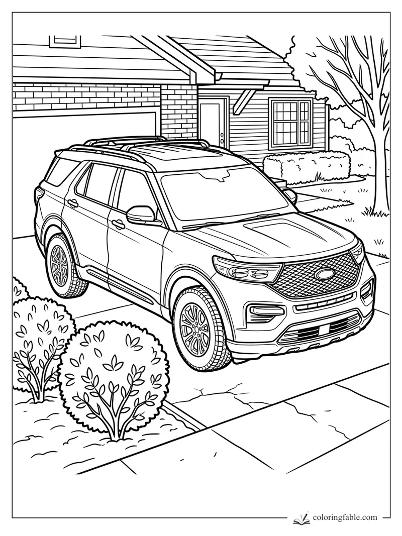 Coloring page of a detailed SUV in a driveway beside a brick house, shrubs, sidewalk, and bare tree.