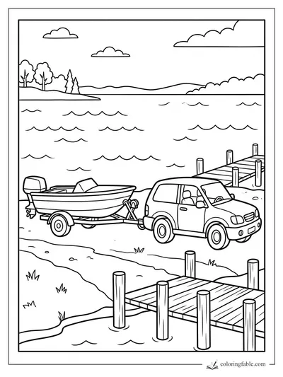 SUV towing a boat trailer beside wooden docks on a lake with waves, trees, hills, and clouds.