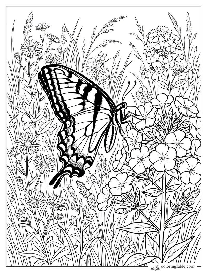 Realistic swallowtail butterfly sipping from phlox among daisies, grasses, and tall meadow flowers