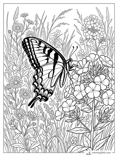 Realistic swallowtail butterfly sipping from phlox among daisies, grasses, and tall meadow flowers
