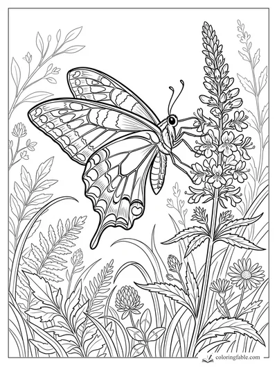 Realistic swallowtail butterfly sipping from a tall flower spike among meadow leaves and daisies