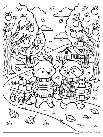 Fox and raccoon in sweaters carry apples through an orchard with a wagon, farmhouse, hills, and falling leaves.