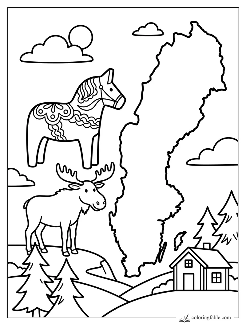 Sweden coloring page with a Dala horse, moose, pine trees, cabin, clouds, and sun.