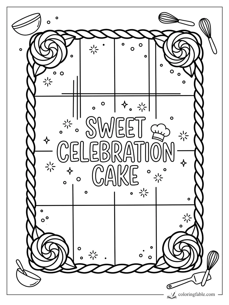 Easy coloring page of a rectangular celebration cake with frosting roses, rope border, bowls, whisks, and spatula.