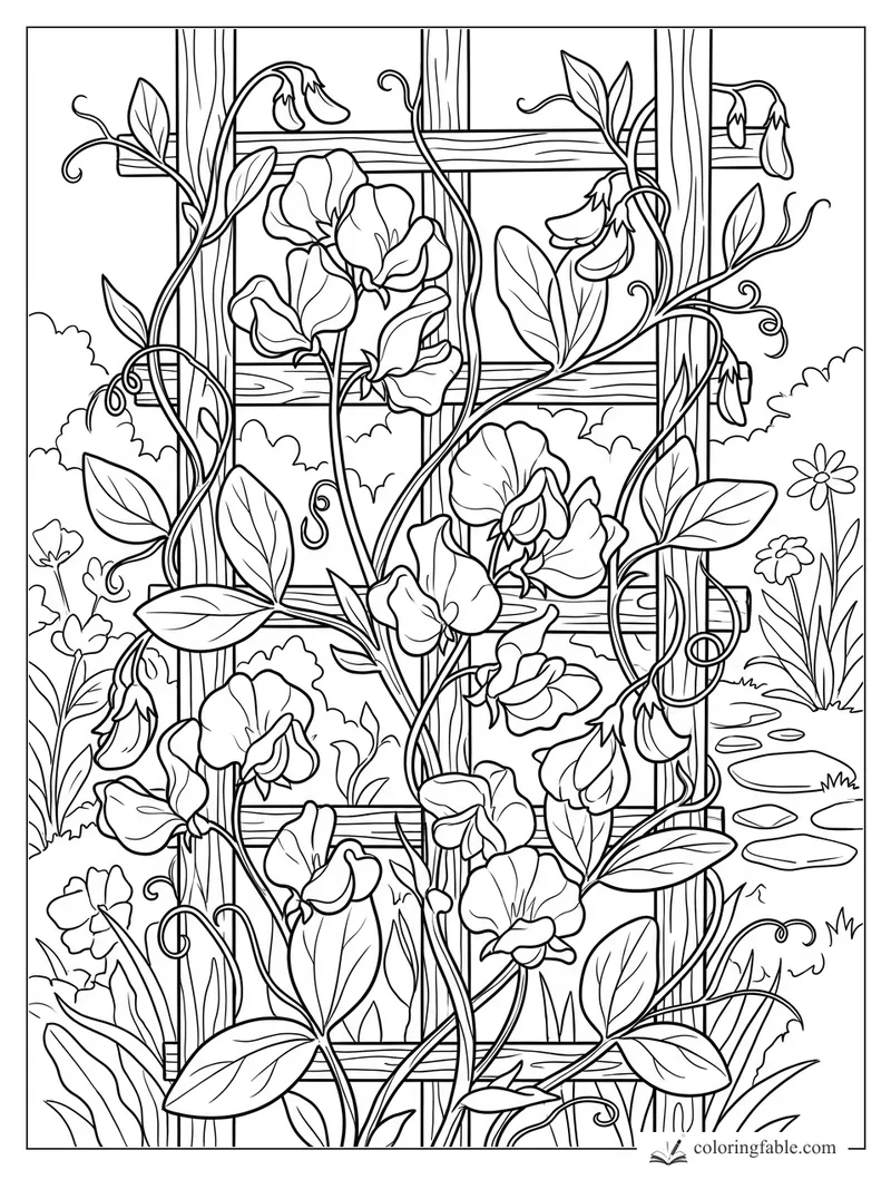 Sweet pea flowers and curling vines climb a wooden trellis in a garden with daisies and stepping stones.