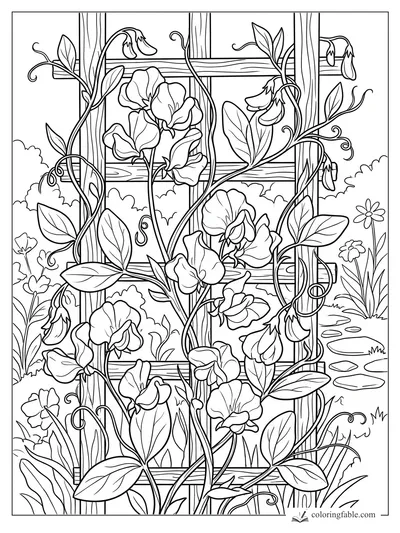 Sweet pea flowers and curling vines climb a wooden trellis in a garden with daisies and stepping stones.