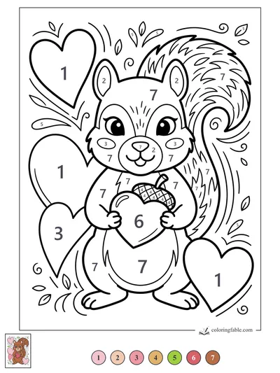 Sweet Squirrel Holding a Heart Acorn — color by number