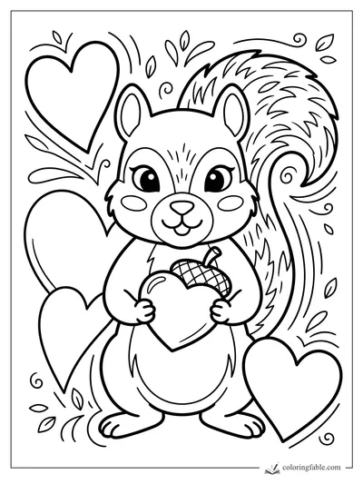Cute squirrel holding a heart-shaped acorn, with leafy swirls and big hearts around its fluffy tail.
