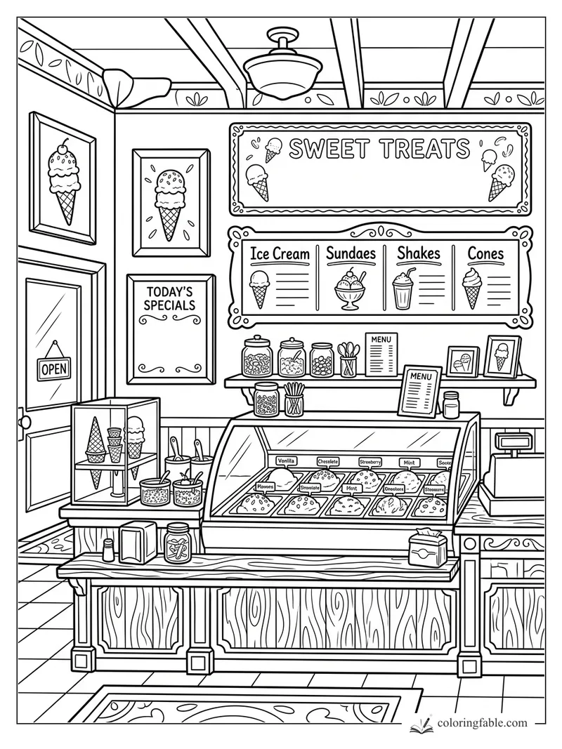 Cartoon ice cream parlor with Sweet Treats sign, flavor case, cone display, menus, jars, and open door.
