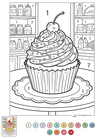 Swirled Cupcake with Cherry on a Pantry Table — color by number