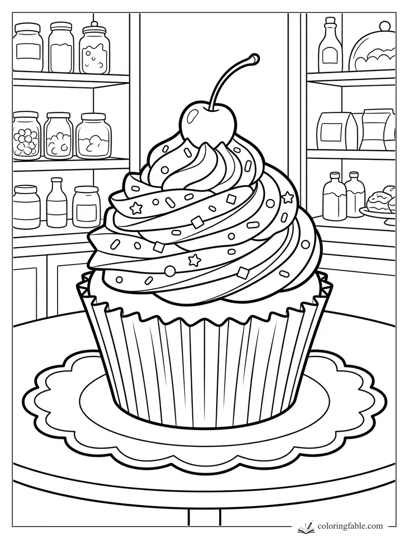 Large cupcake with swirled frosting, sprinkles, cherry, fluted wrapper, and pantry shelves behind it