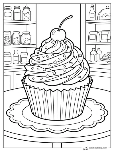 Large cupcake with swirled frosting, sprinkles, cherry, fluted wrapper, and pantry shelves behind it