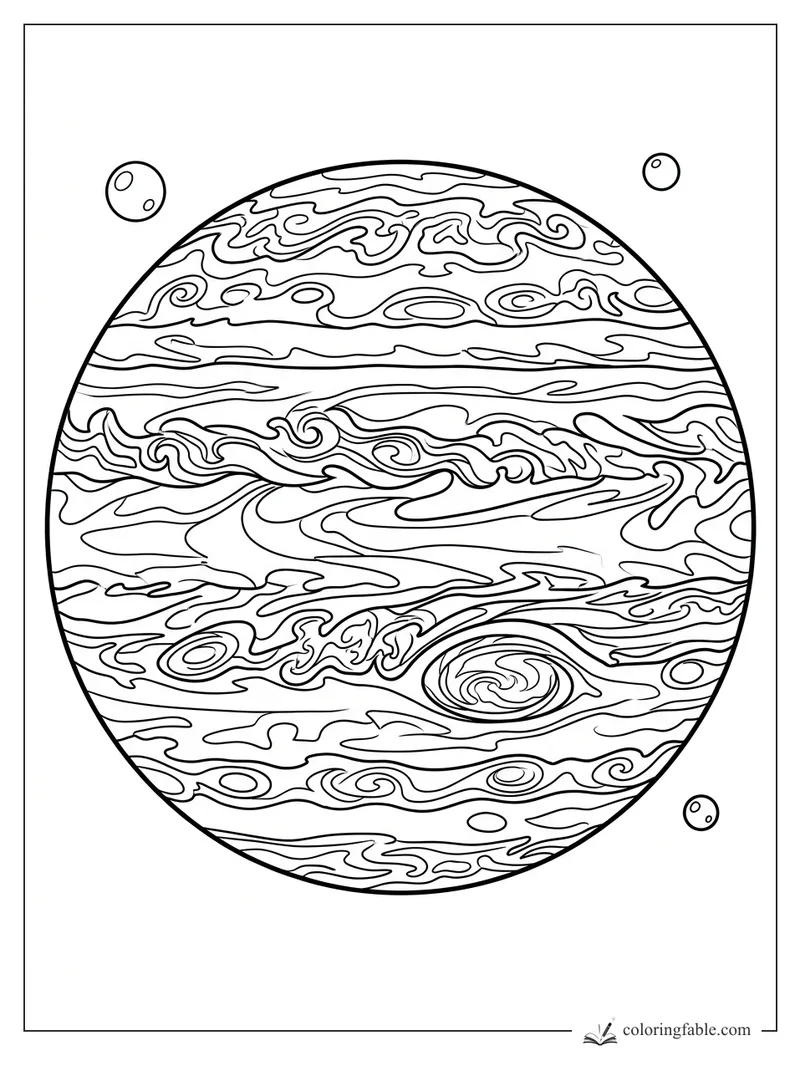 Giant striped gas planet with swirling storms and three small moons coloring page