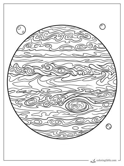 Giant striped gas planet with swirling storms and three small moons coloring page