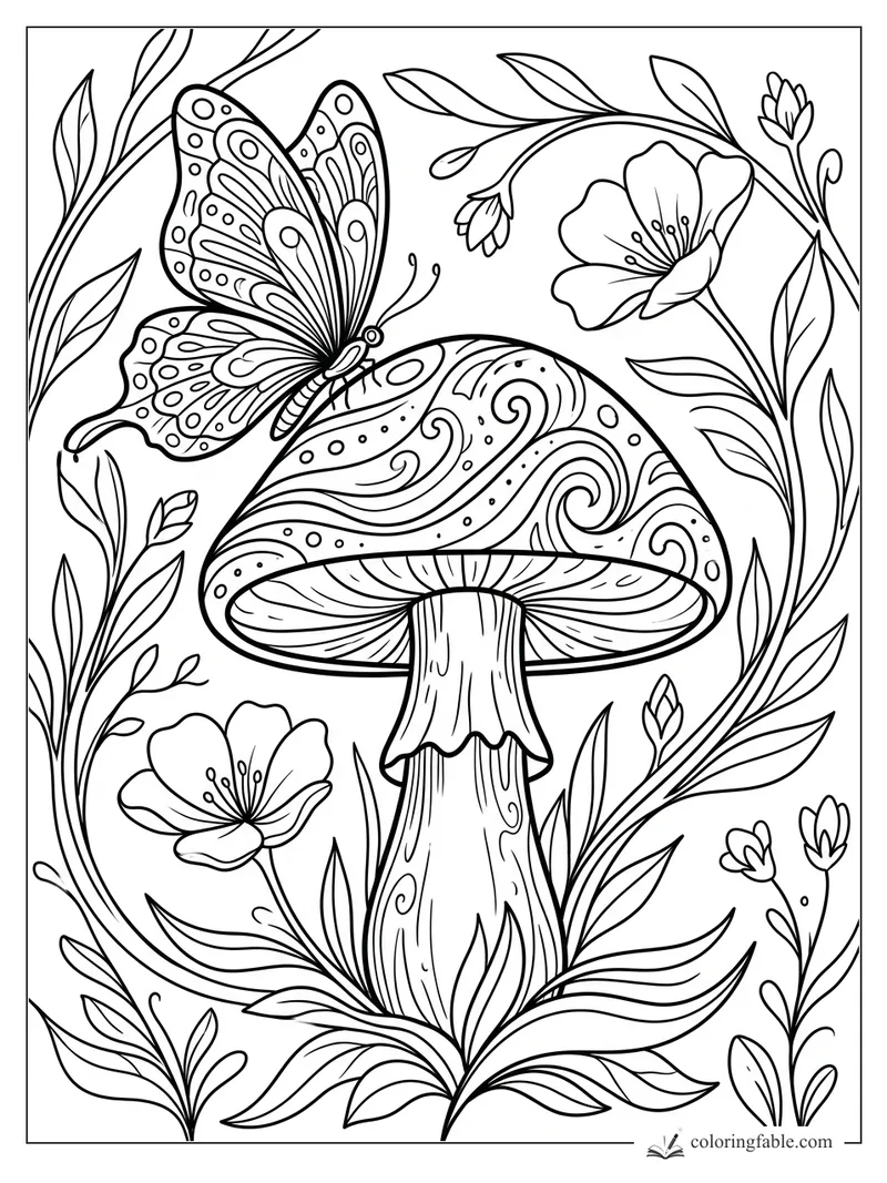 Aesthetic mushroom coloring page with swirled cap, butterfly, leaves, and wildflowers